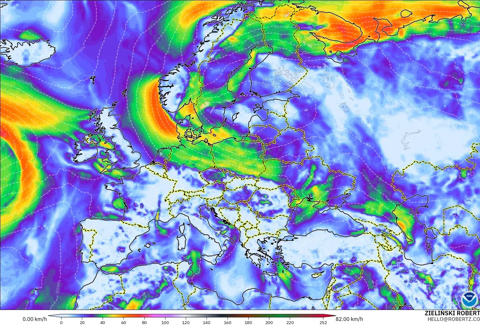 GFS model - Avrupa, En Yüksek Rüzgâr