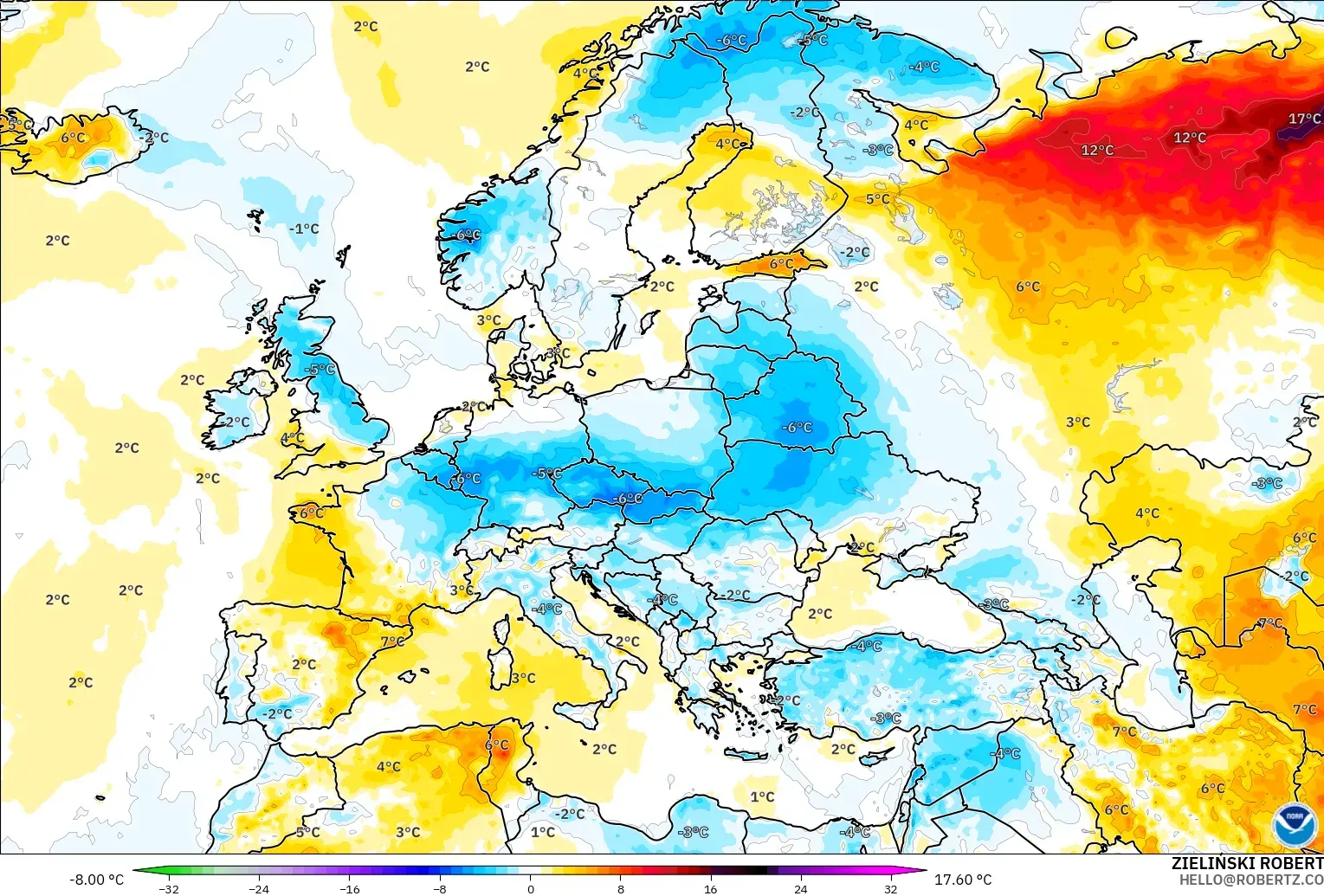 GFS model - Avrupa, 2 m Sıcaklık Anomalisi