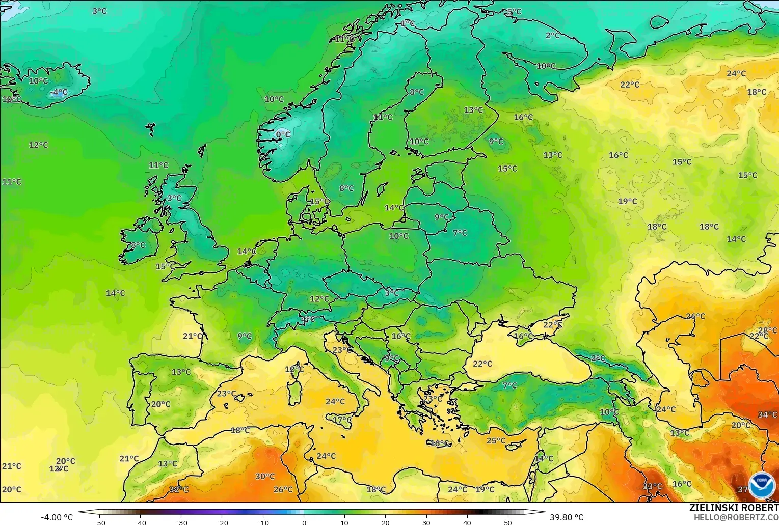 GFS model - Avrupa, 2 m Sıcaklık