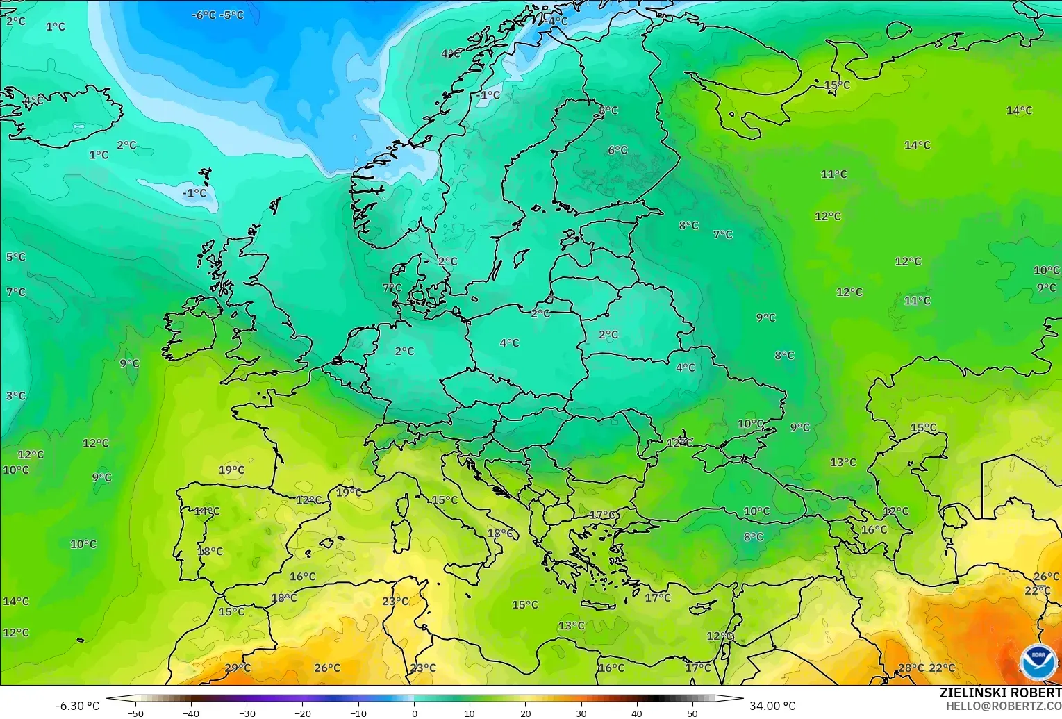 GFS model - Avrupa, 850 hPa Sıcaklık