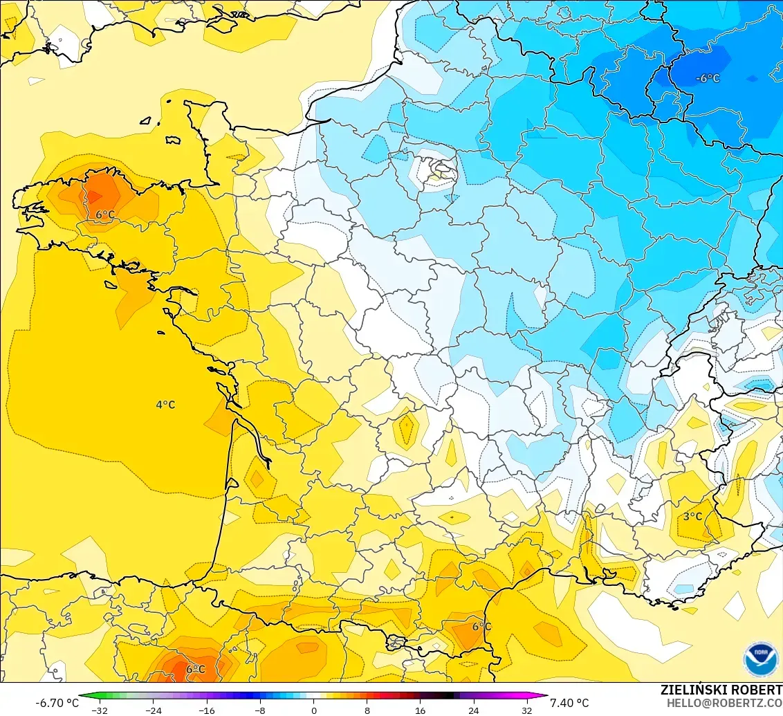 GFS model - Fransa, 2 m Sıcaklık Anomalisi