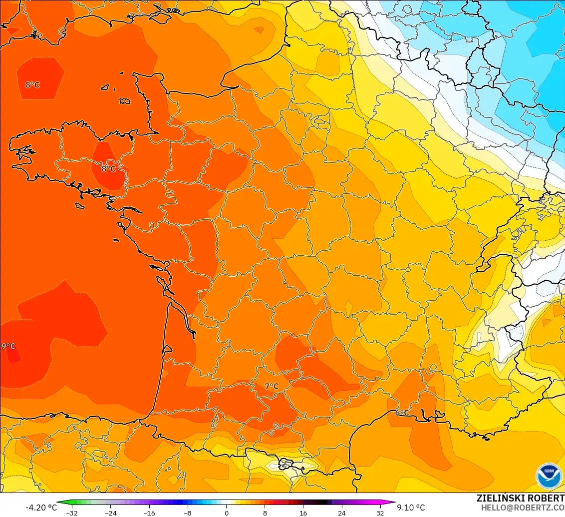 GFS model - Fransa, 850 hPa Sıcaklık Anomalisi