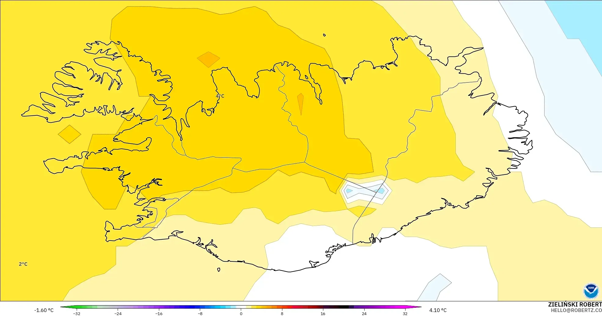 GFS model - İzlanda, 850 hPa Sıcaklık Anomalisi