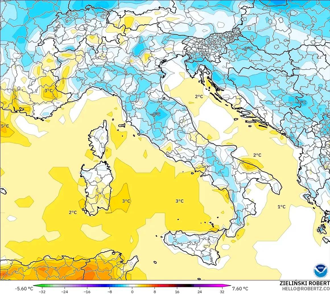 GFS model - İtalya, 2 m Sıcaklık Anomalisi