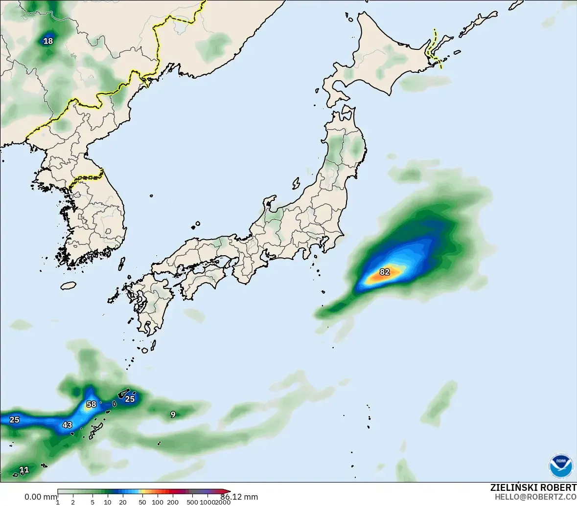 GFS model - Japonya, Yağış Birikimi