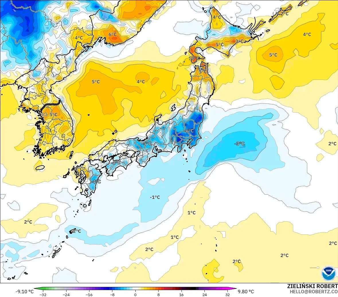 GFS model - Japonya, 2 m Sıcaklık Anomalisi