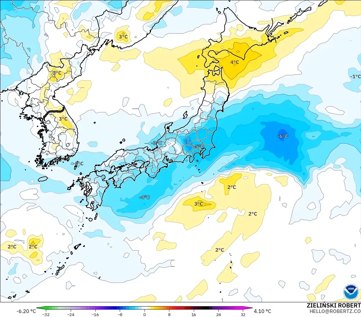 GFS model - Japonya, 850 hPa Sıcaklık Anomalisi