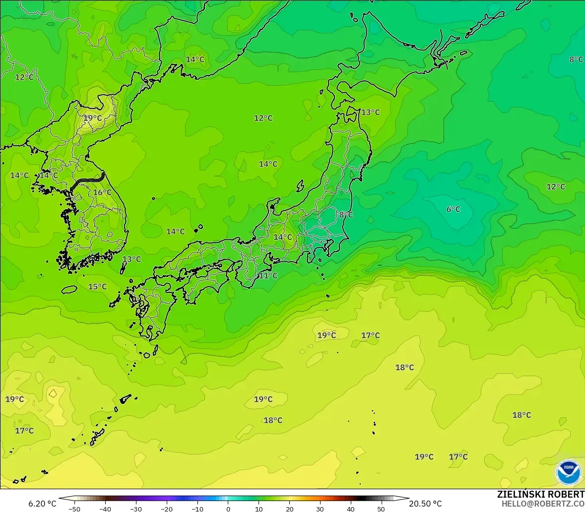 GFS model - Japonya, 850 hPa Sıcaklık
