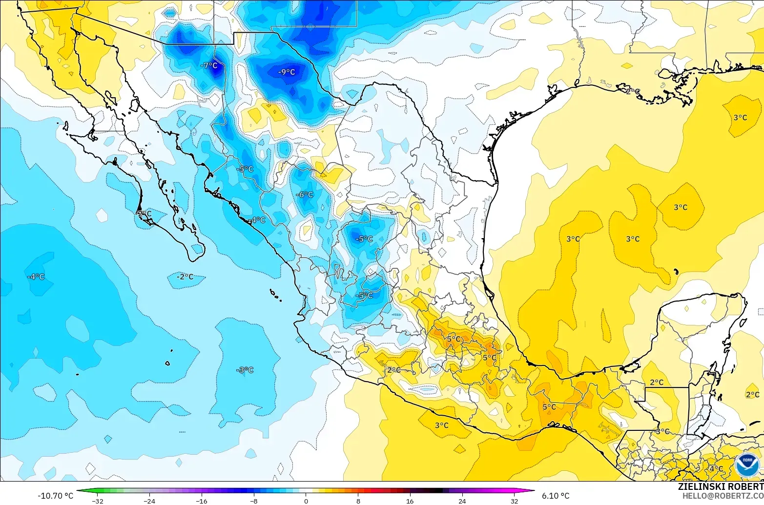 GFS model - Meksika, 850 hPa Sıcaklık Anomalisi