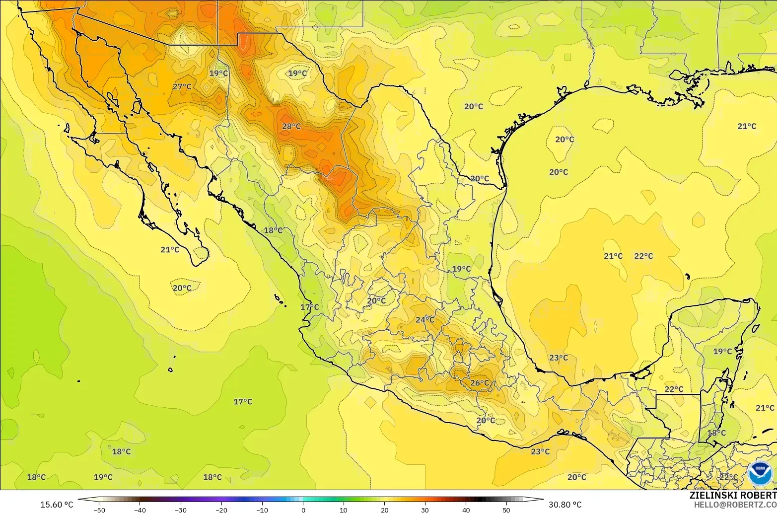 GFS model - Meksika, 850 hPa Sıcaklık