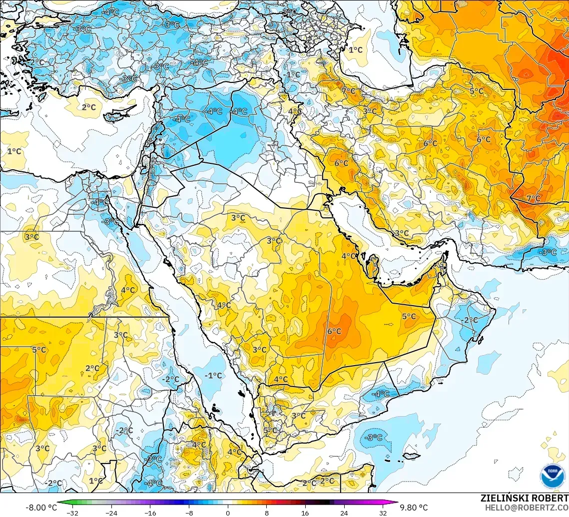 GFS model - Orta Doğu, 2 m Sıcaklık Anomalisi