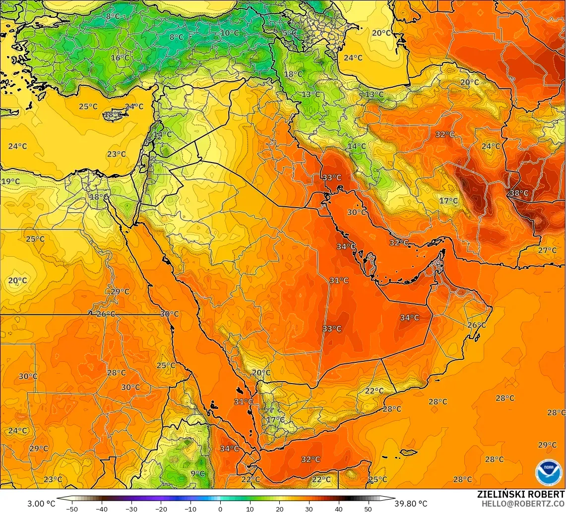 GFS model - Orta Doğu, 2 m Sıcaklık