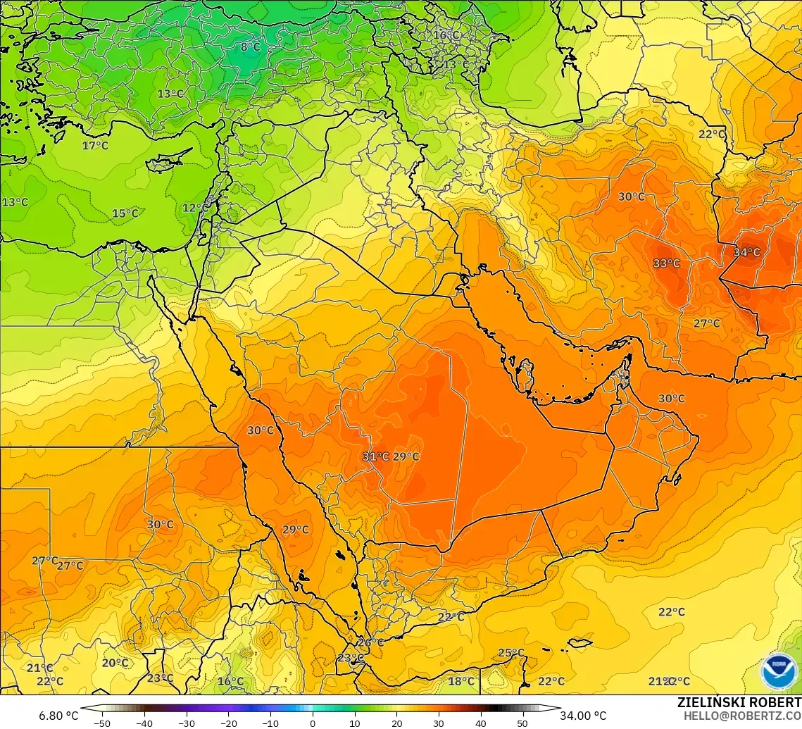 GFS model - Orta Doğu, 850 hPa Sıcaklık