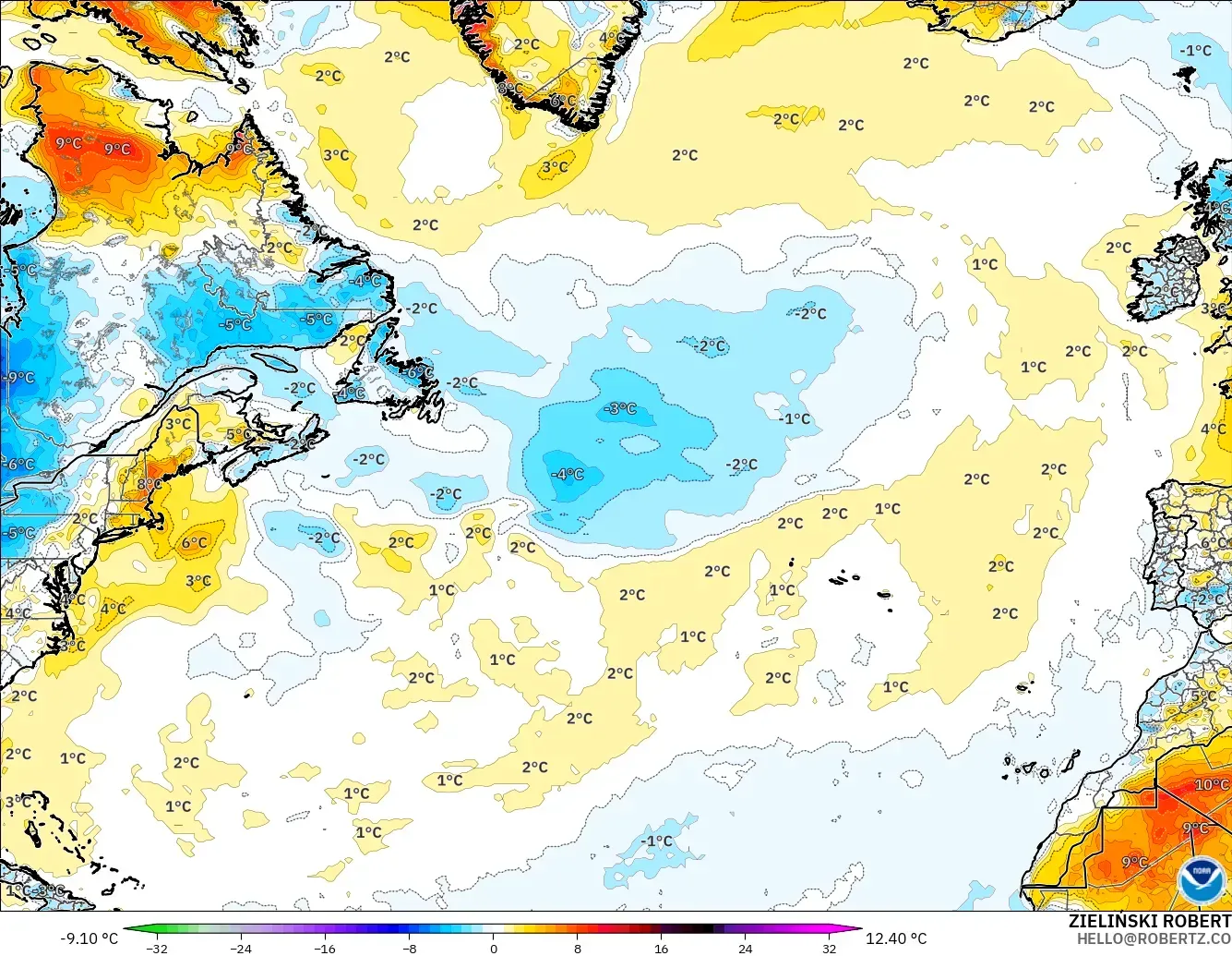 GFS model - Kuzey Atlantik, 2 m Sıcaklık Anomalisi