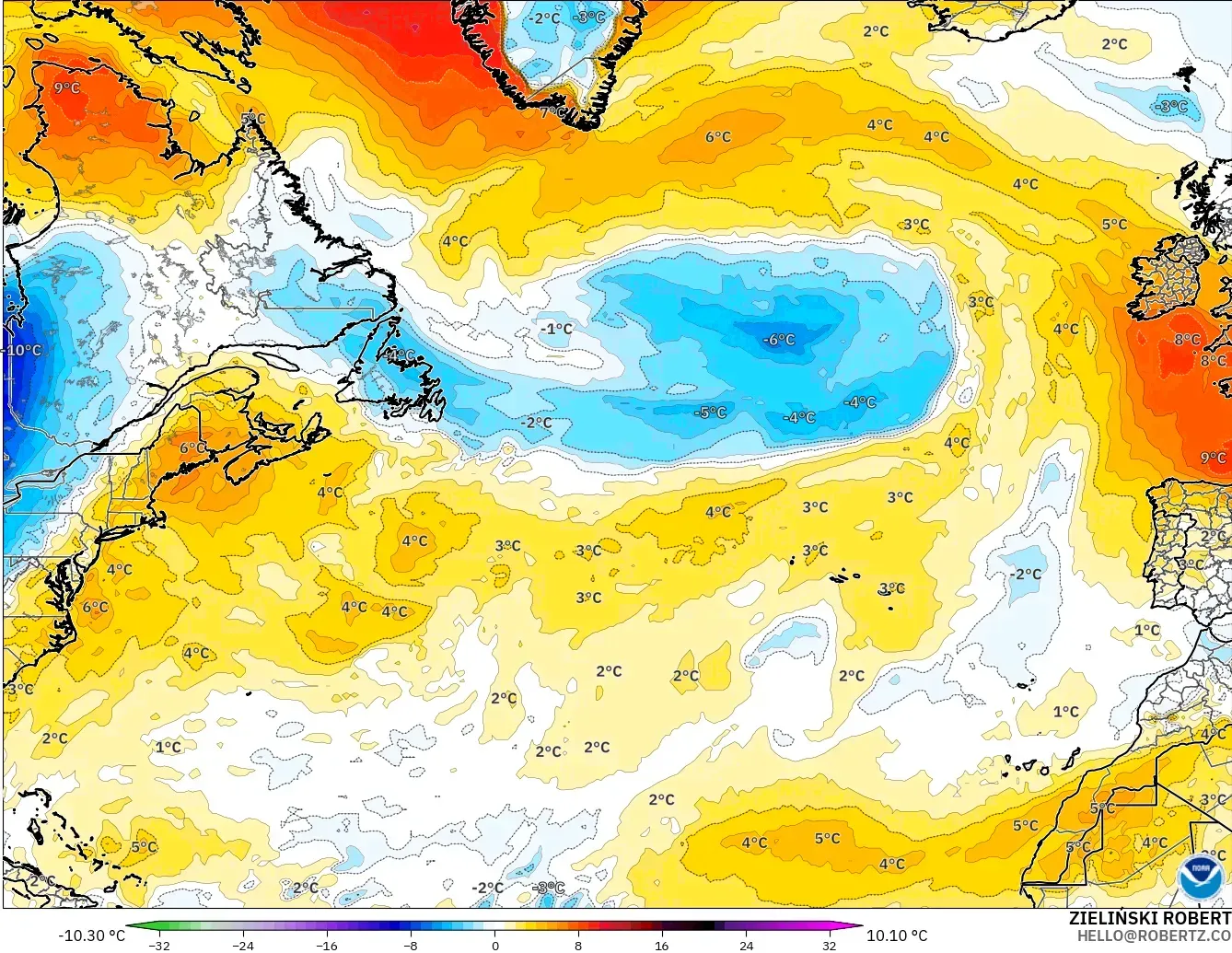 GFS model - Kuzey Atlantik, 850 hPa Sıcaklık Anomalisi