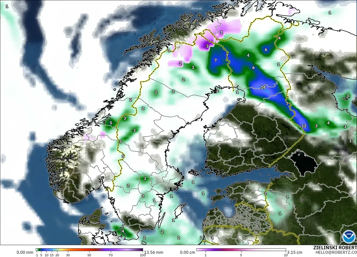 GFS model - İskandinavya, Yağış, Bulut ve Basınç