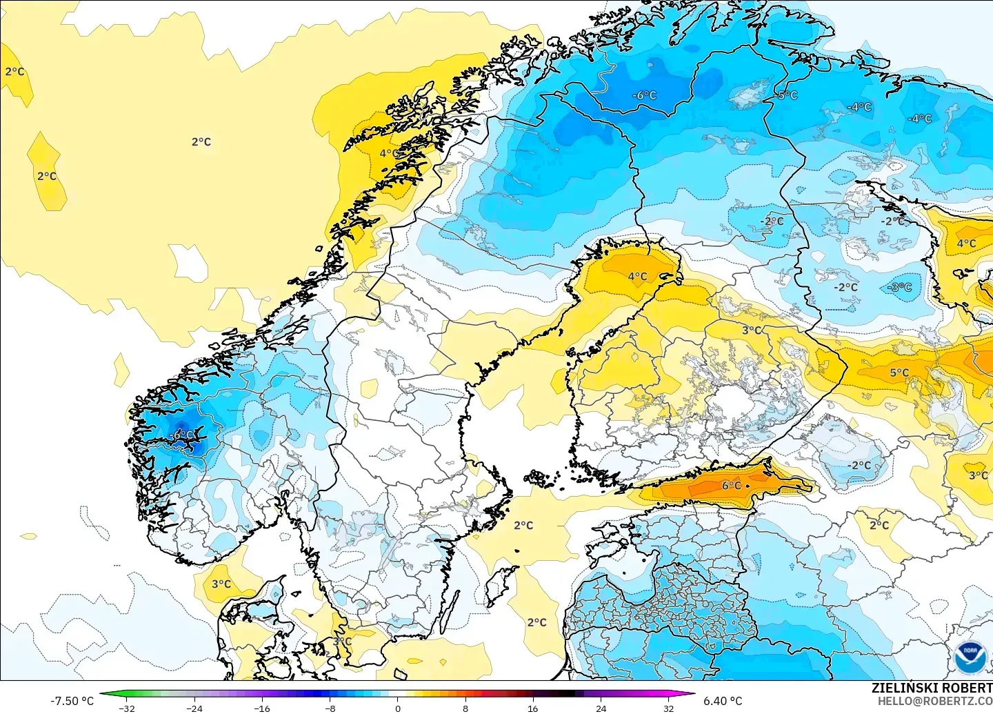 GFS model - İskandinavya, 2 m Sıcaklık Anomalisi