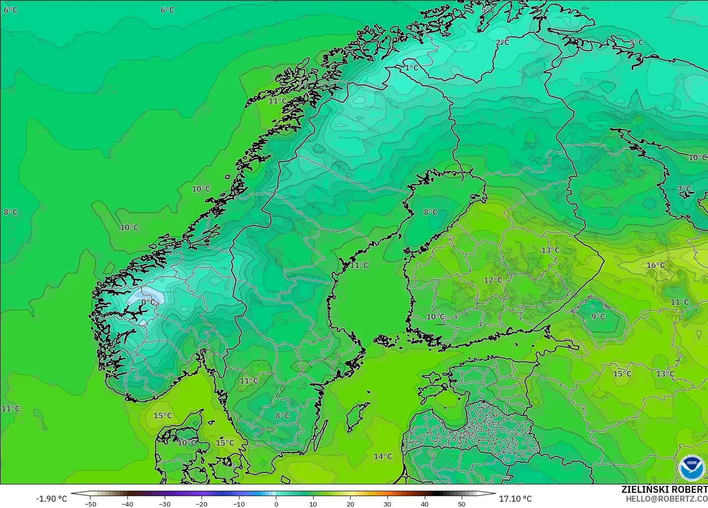 GFS model - İskandinavya, 2 m Sıcaklık