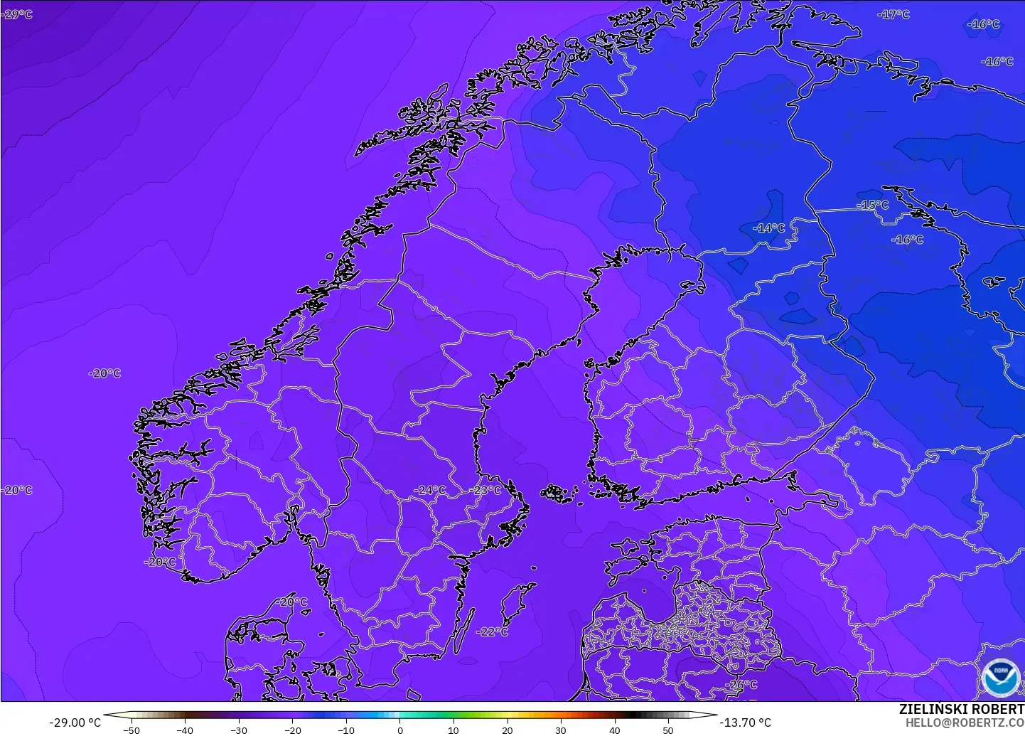 GFS model - İskandinavya, 500 hPa Sıcaklık