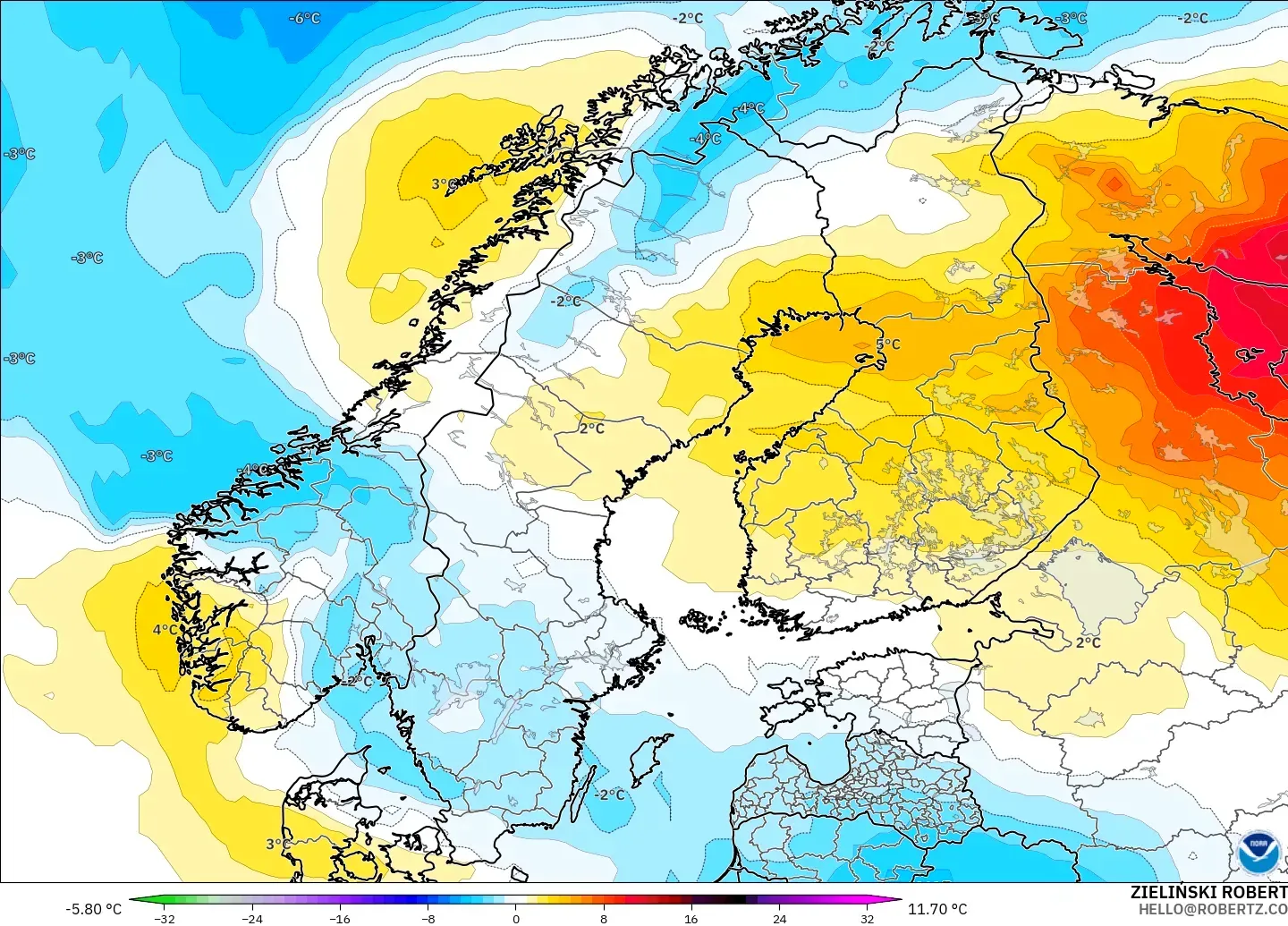 GFS model - İskandinavya, 850 hPa Sıcaklık Anomalisi