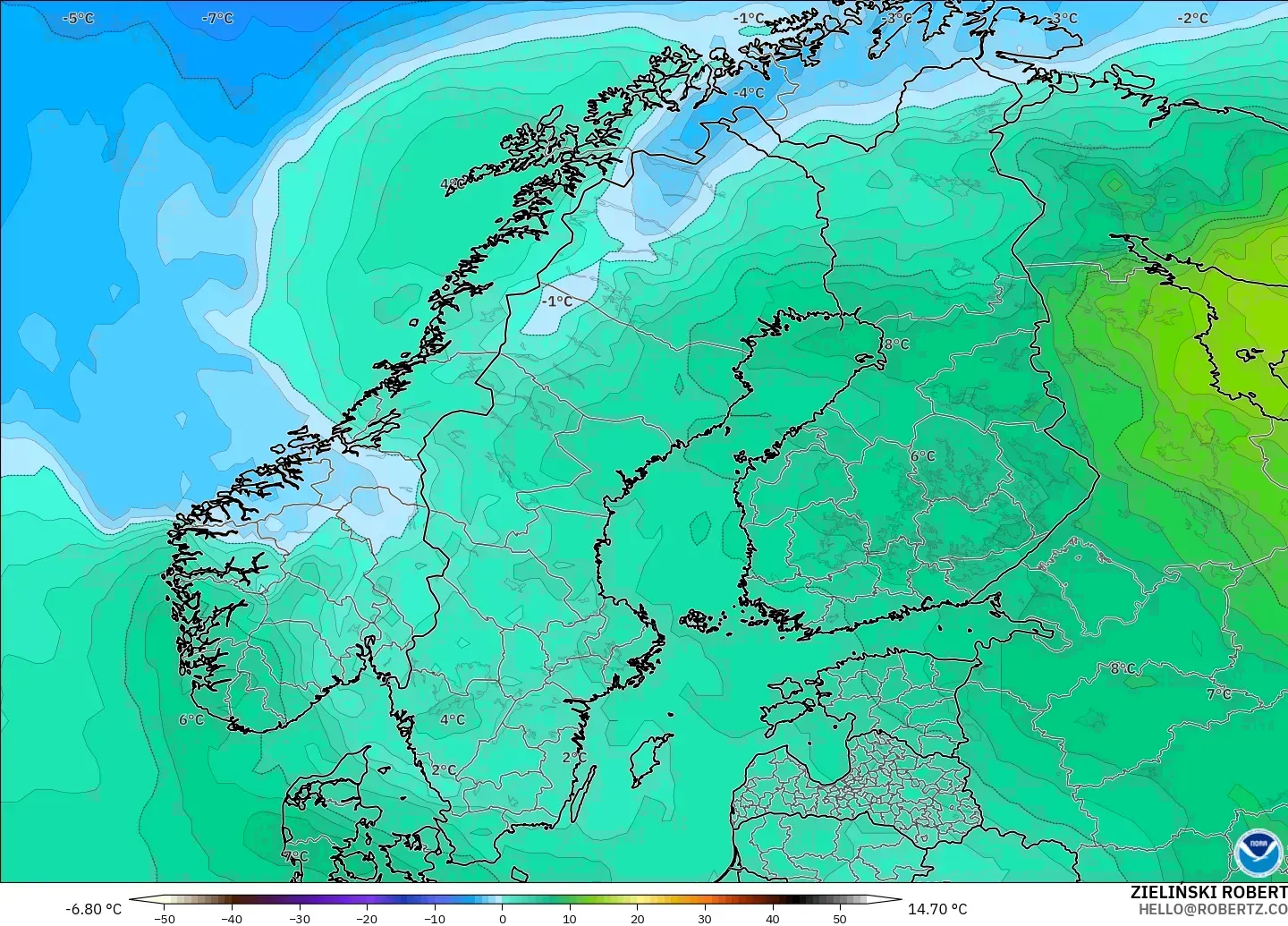 GFS model - İskandinavya, 850 hPa Sıcaklık