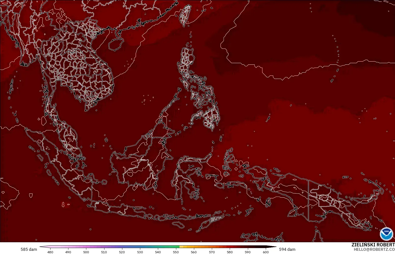 GFS model - Güneydoğu Asya, 500 hPa’da jeopotansiyel yükseklik