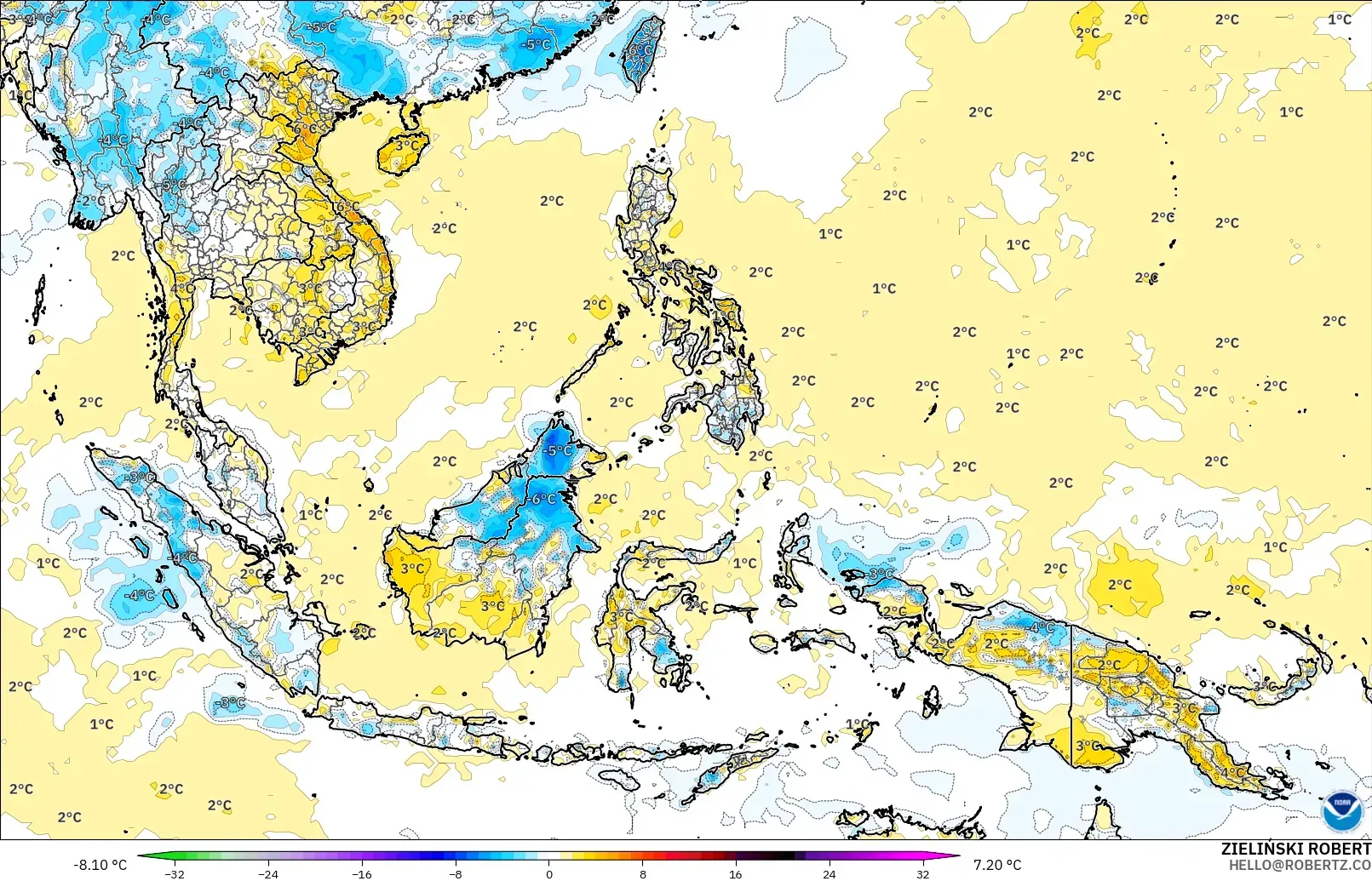 GFS model - Güneydoğu Asya, 2 m Sıcaklık Anomalisi