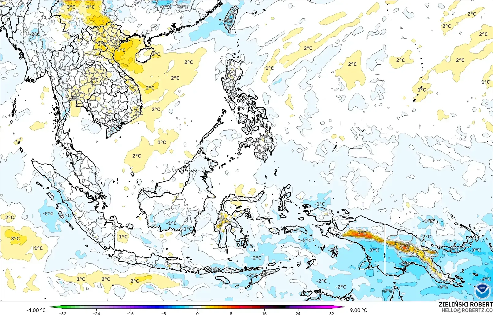 GFS model - Güneydoğu Asya, 850 hPa Sıcaklık Anomalisi