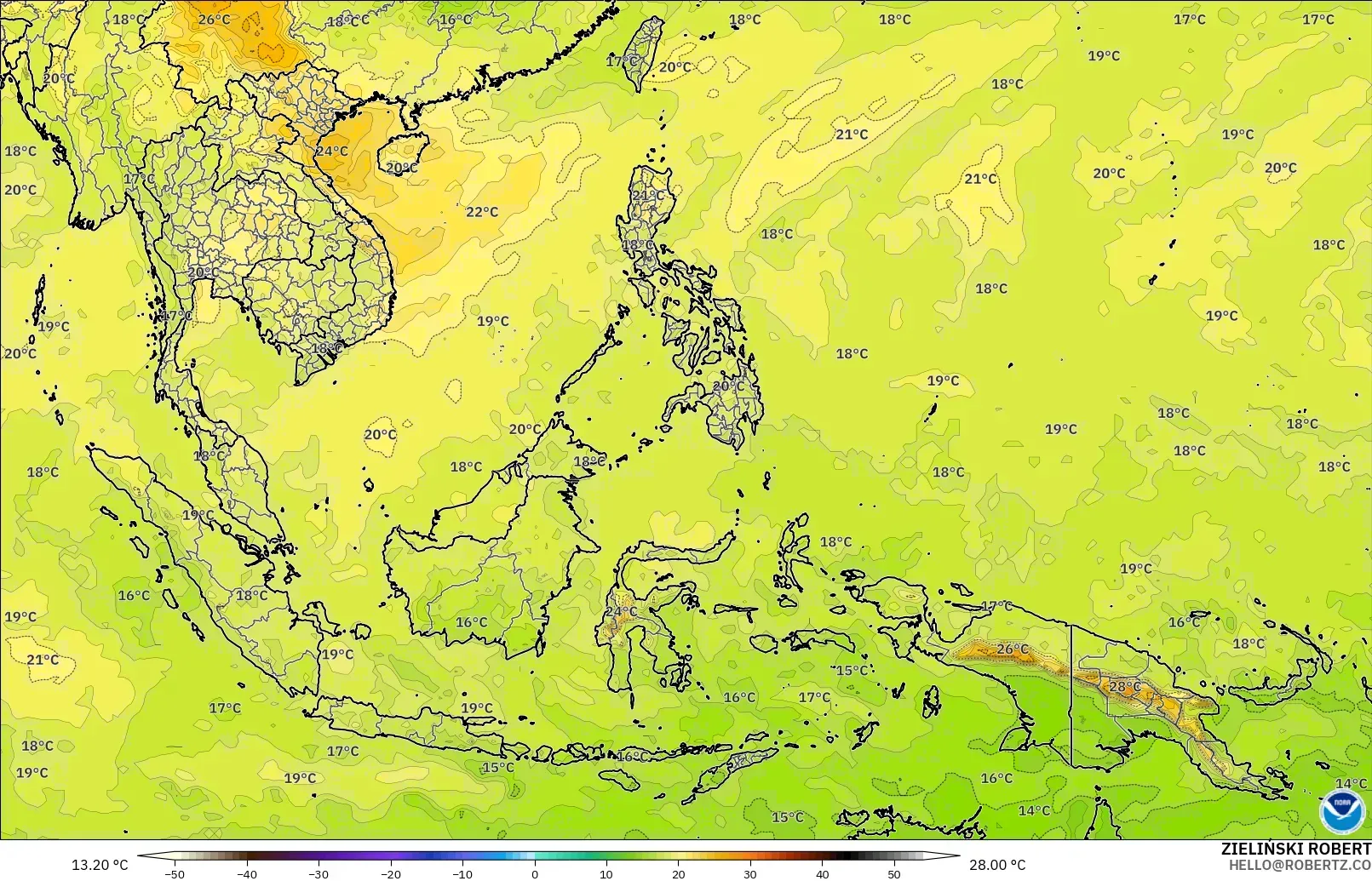 GFS model - Güneydoğu Asya, 850 hPa Sıcaklık