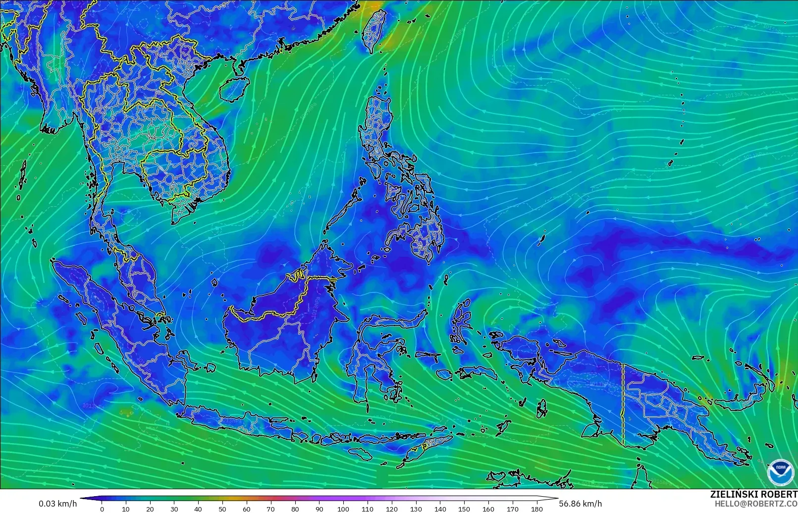 GFS model - Güneydoğu Asya, 10 m Rüzgâr