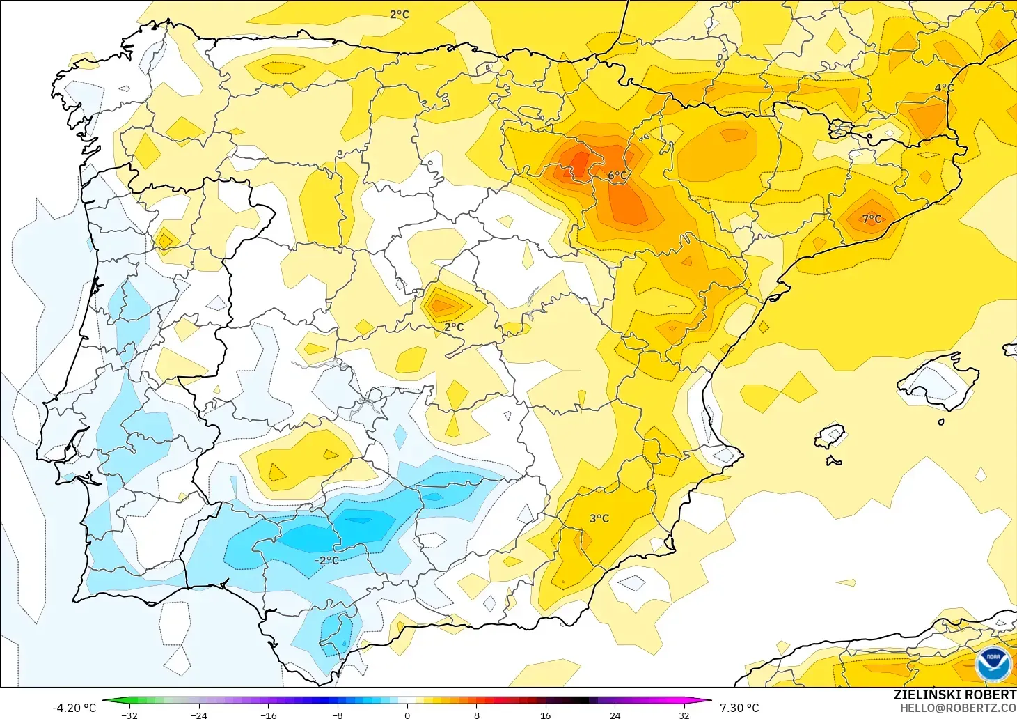 GFS model - İspanya, 2 m Sıcaklık Anomalisi