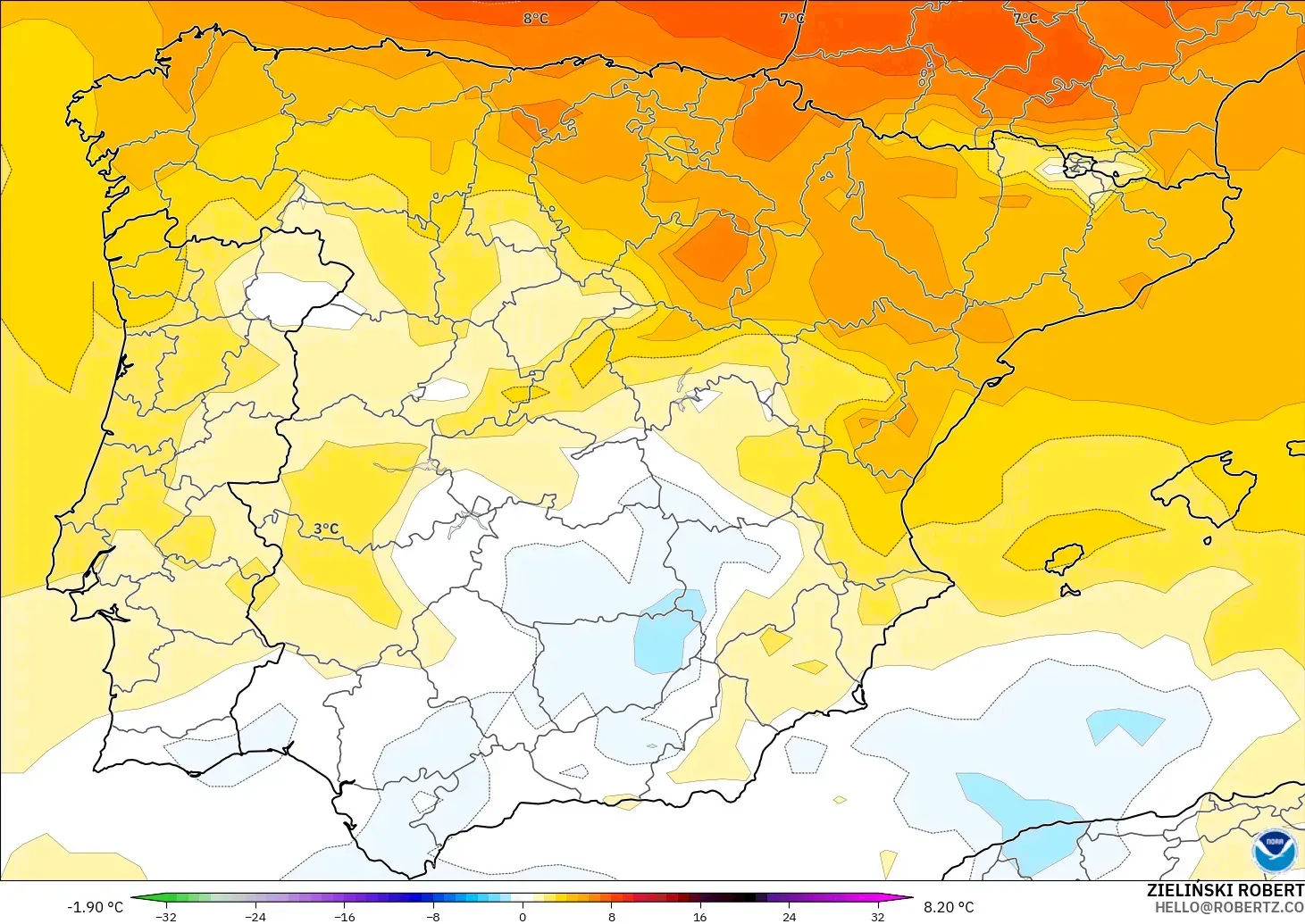 GFS model - İspanya, 850 hPa Sıcaklık Anomalisi