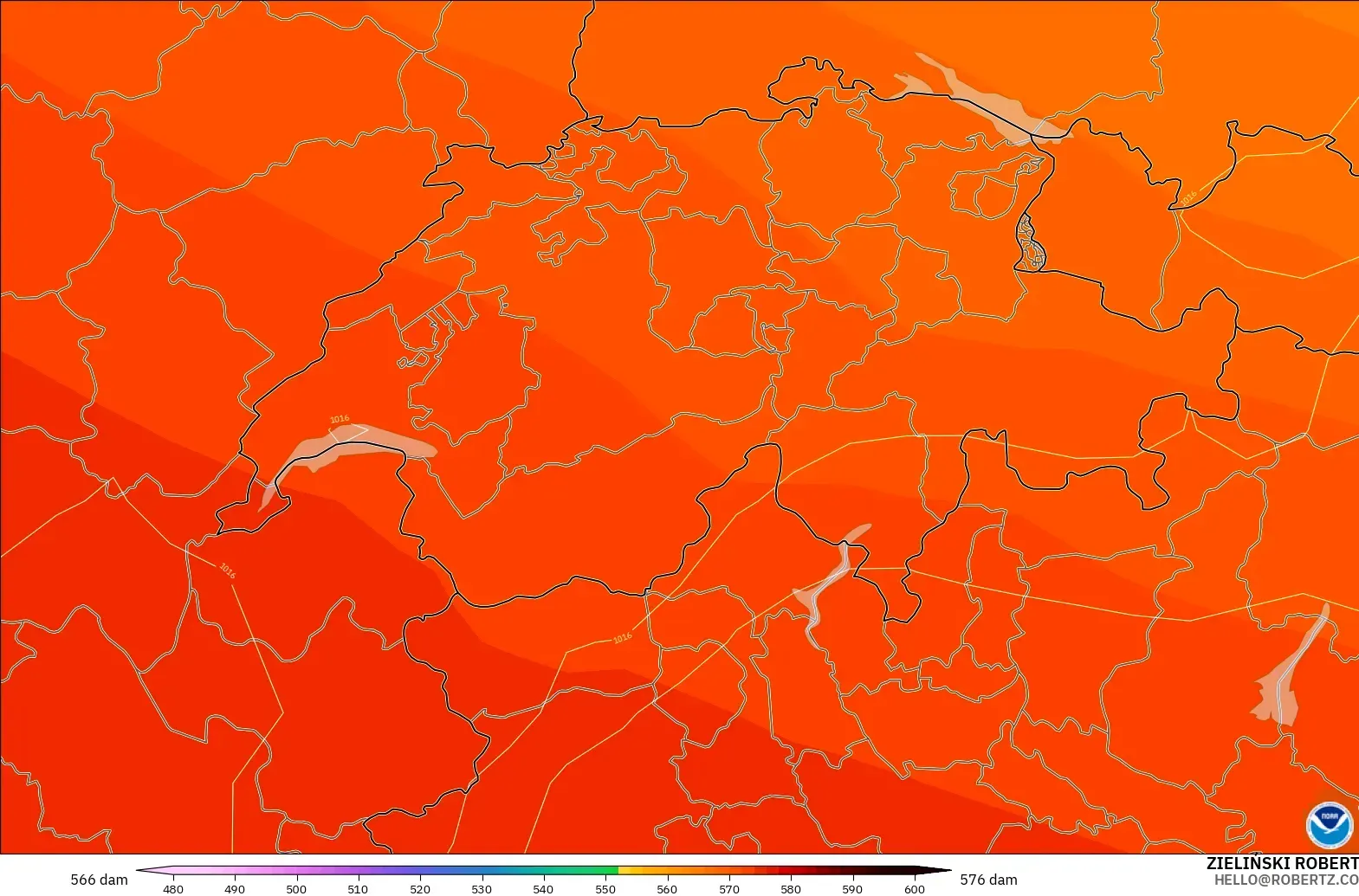 GFS model - İsviçre, 500 hPa’da jeopotansiyel yükseklik