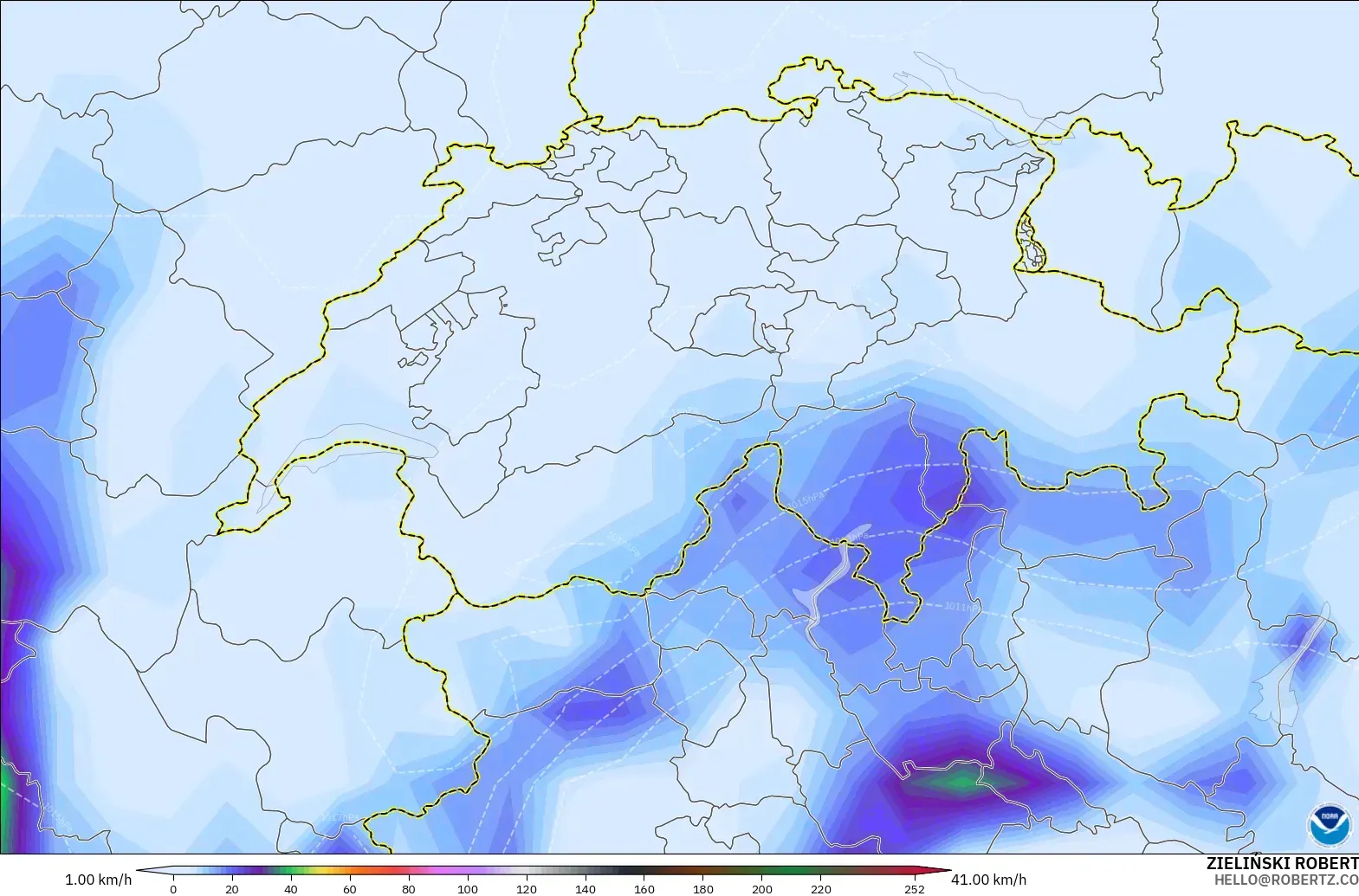 GFS model - İsviçre, En Yüksek Rüzgâr