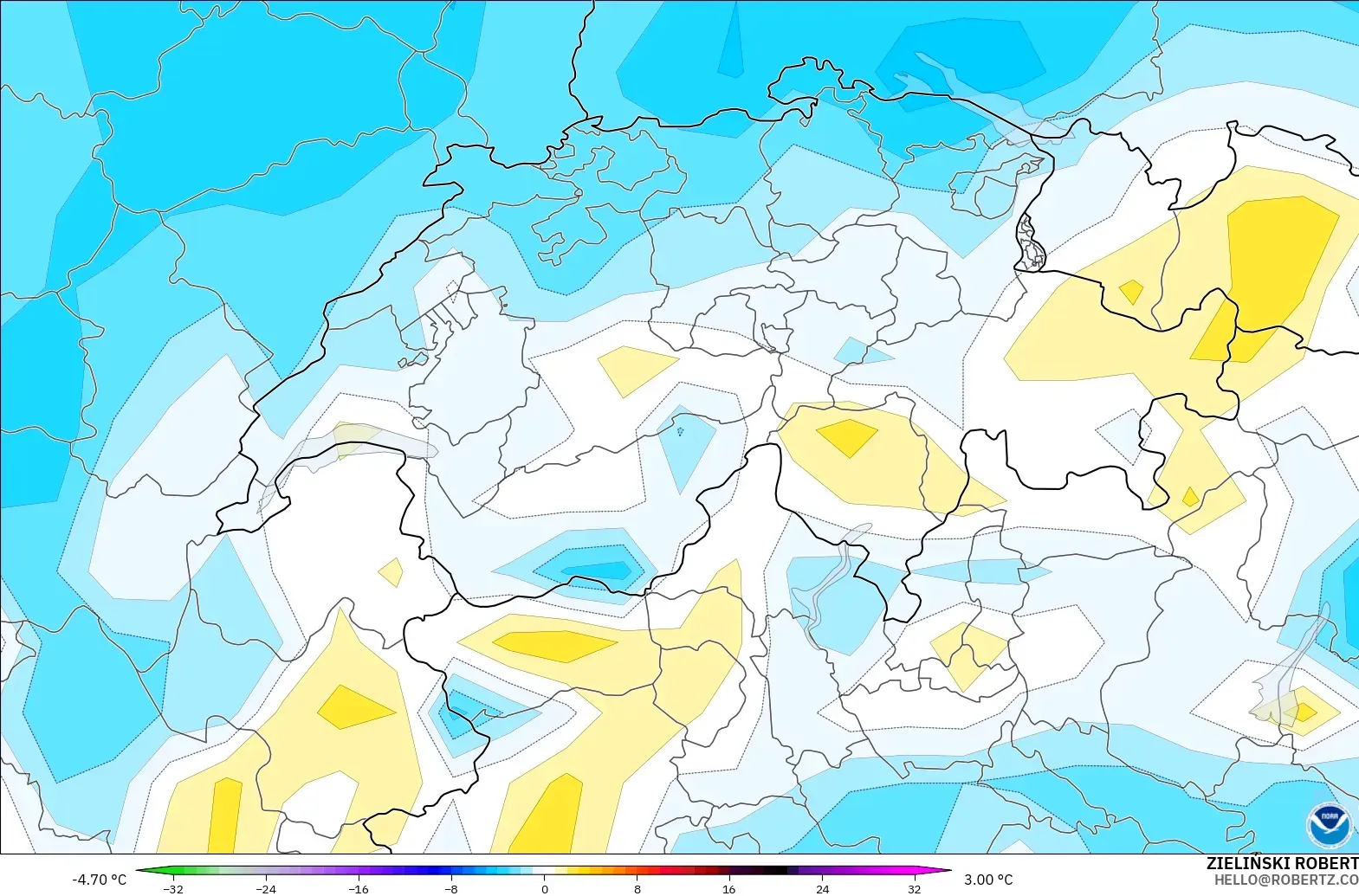 GFS model - İsviçre, 2 m Sıcaklık Anomalisi