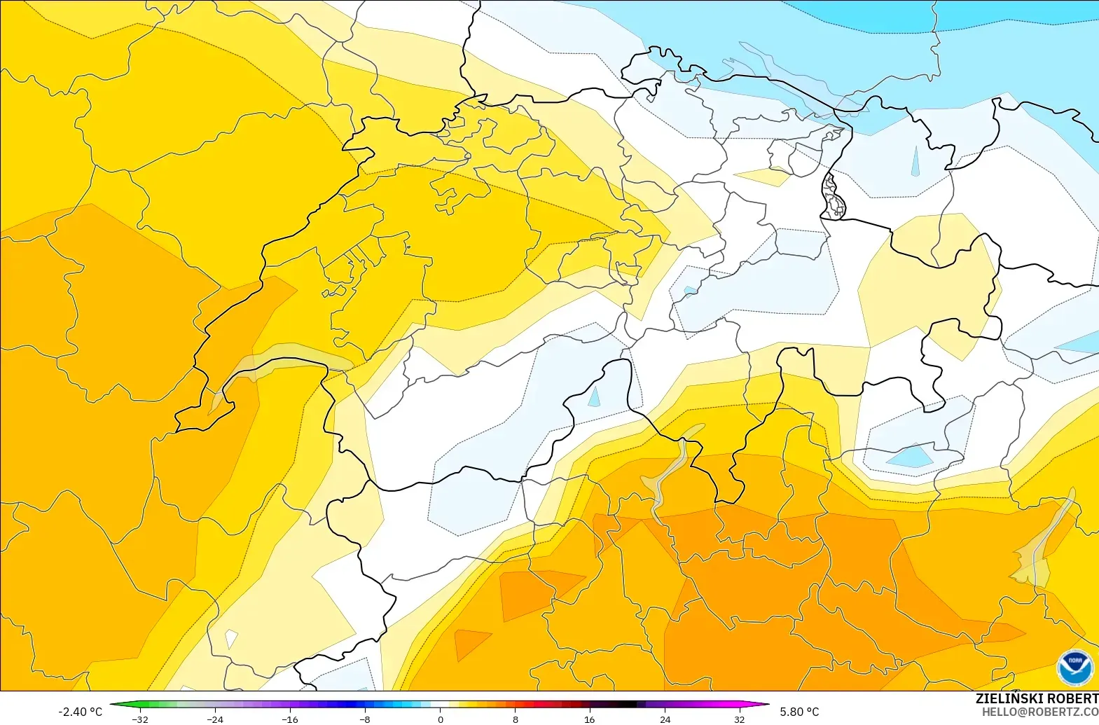 GFS model - İsviçre, 850 hPa Sıcaklık Anomalisi