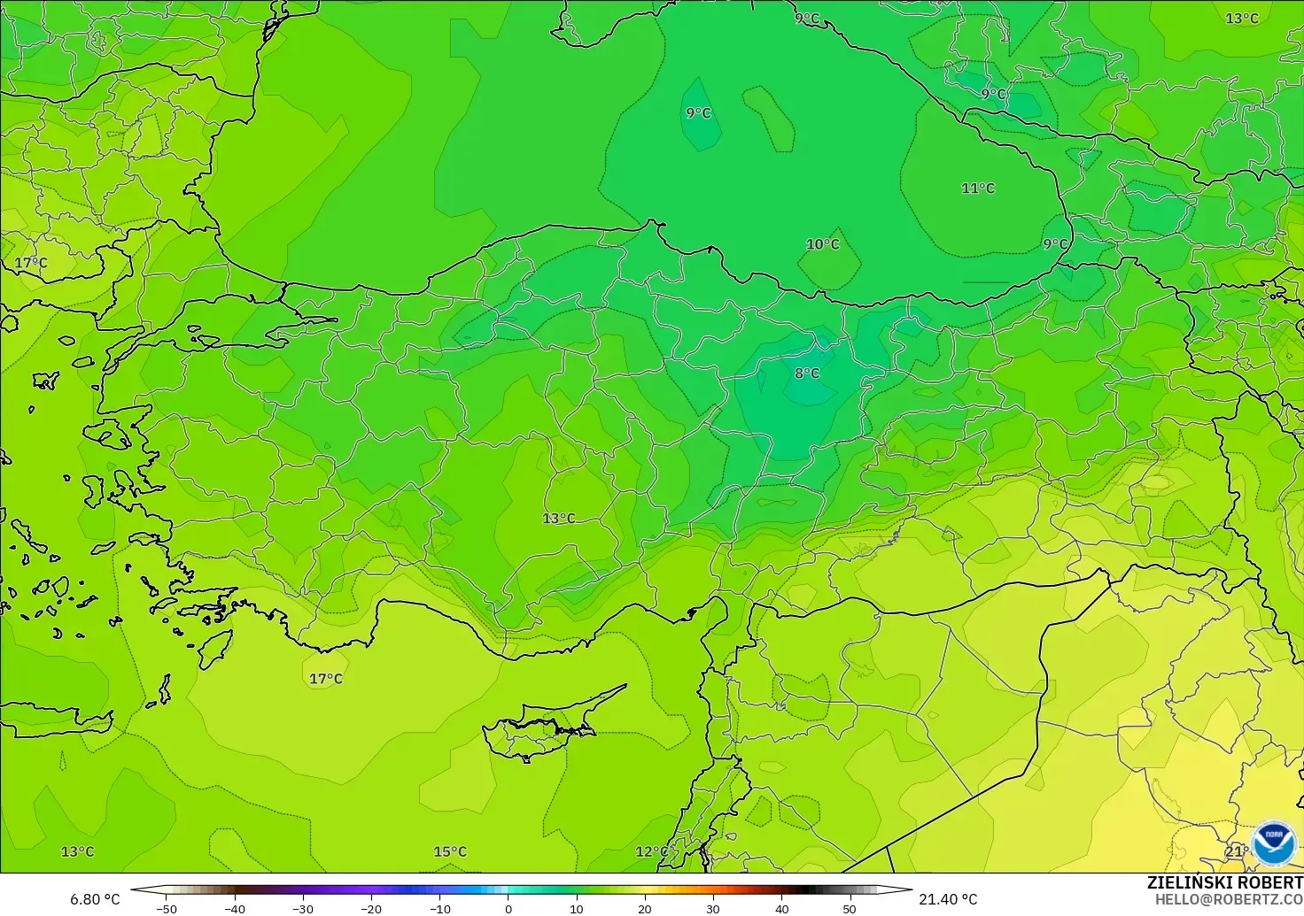 GFS model - Türkiye, 850 hPa Sıcaklık