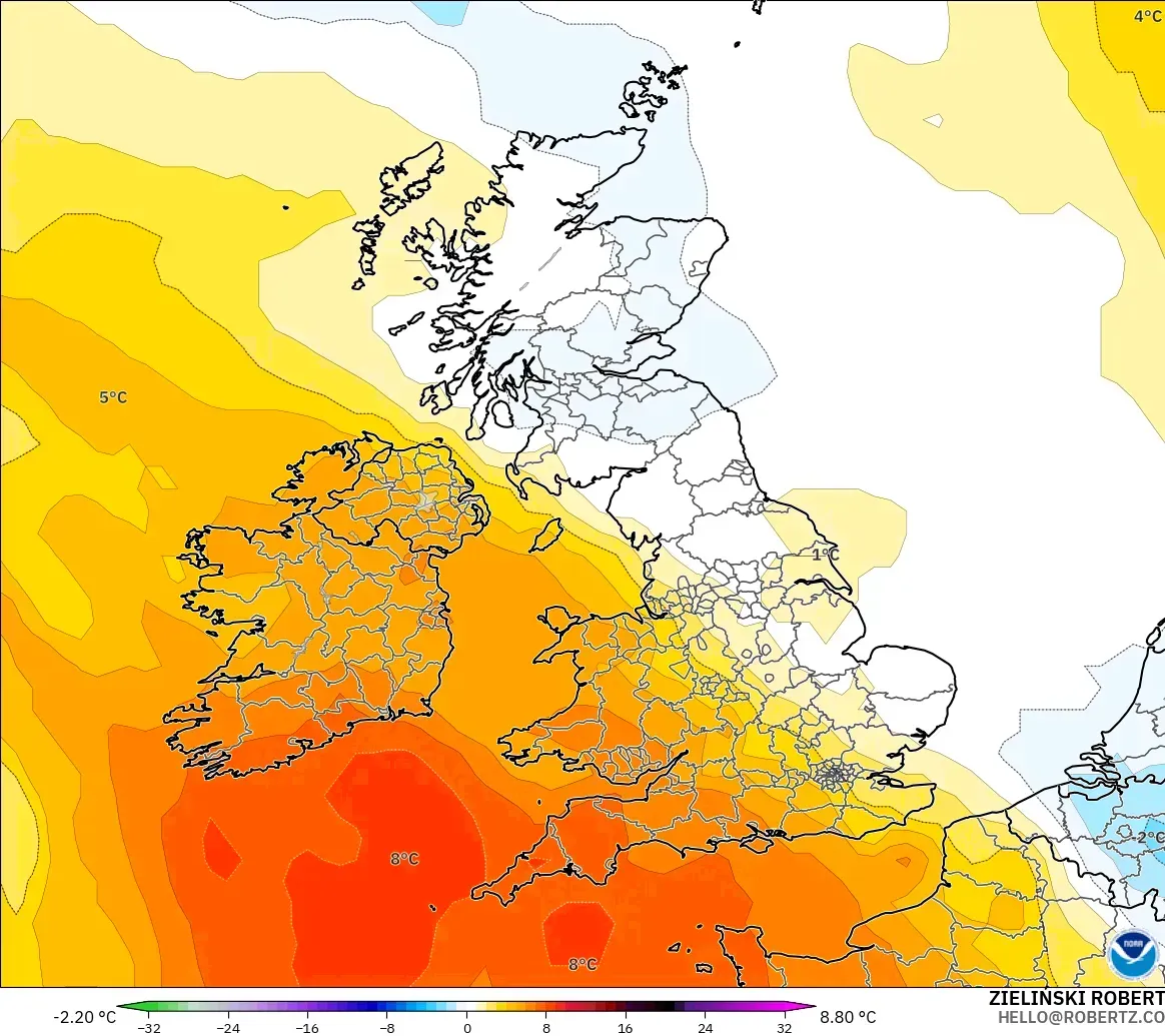 GFS model - Birleşik Krallık, 850 hPa Sıcaklık Anomalisi