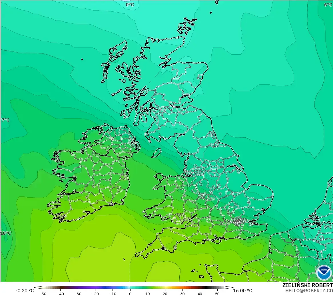 GFS model - Birleşik Krallık, 850 hPa Sıcaklık