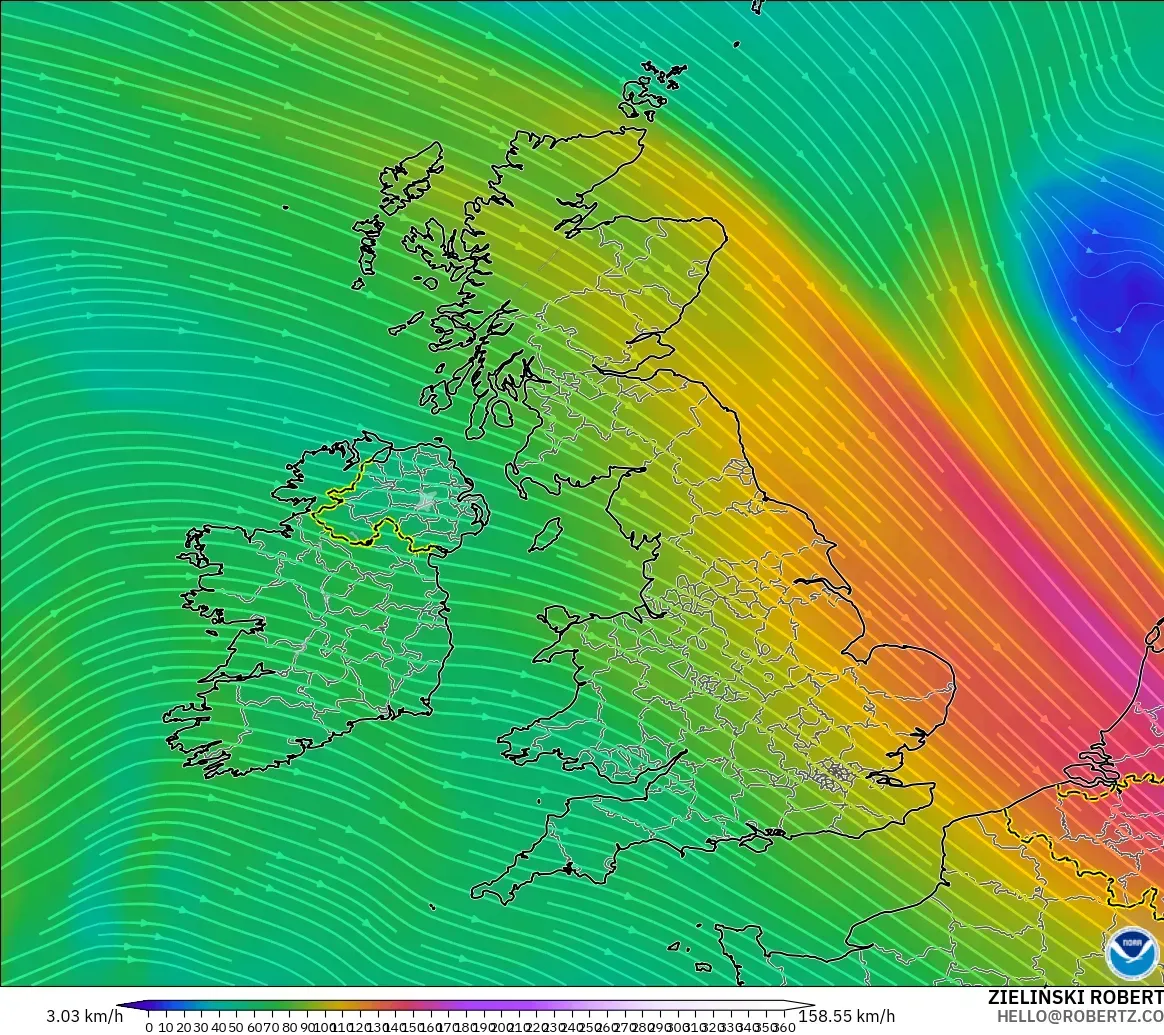 GFS model - Birleşik Krallık, 300 hPa Rüzgârı (jet)