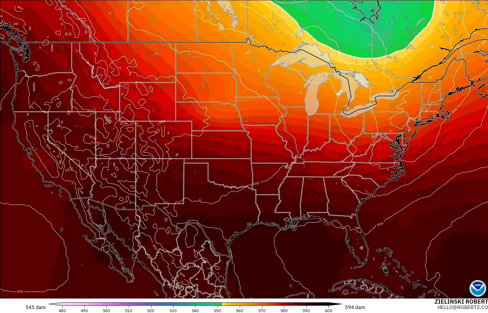 GFS model - Amerika Birleşik Devletleri, 500 hPa’da jeopotansiyel yükseklik
