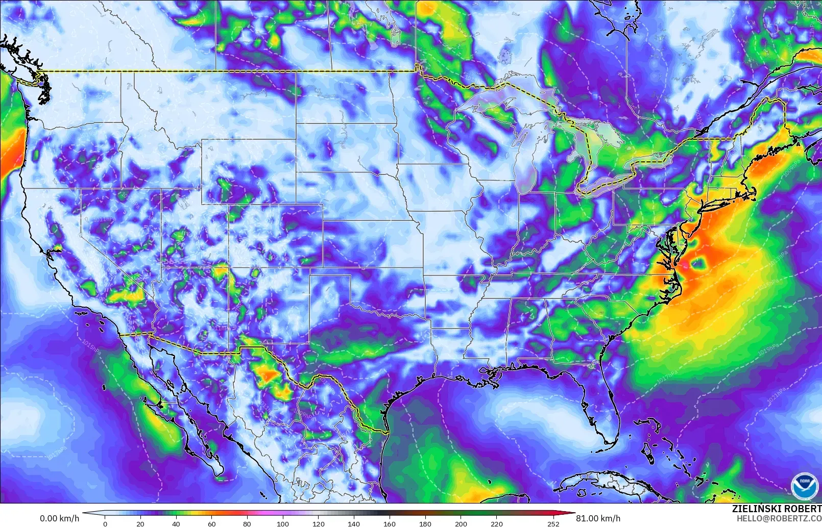 GFS model - Amerika Birleşik Devletleri, En Yüksek Rüzgâr