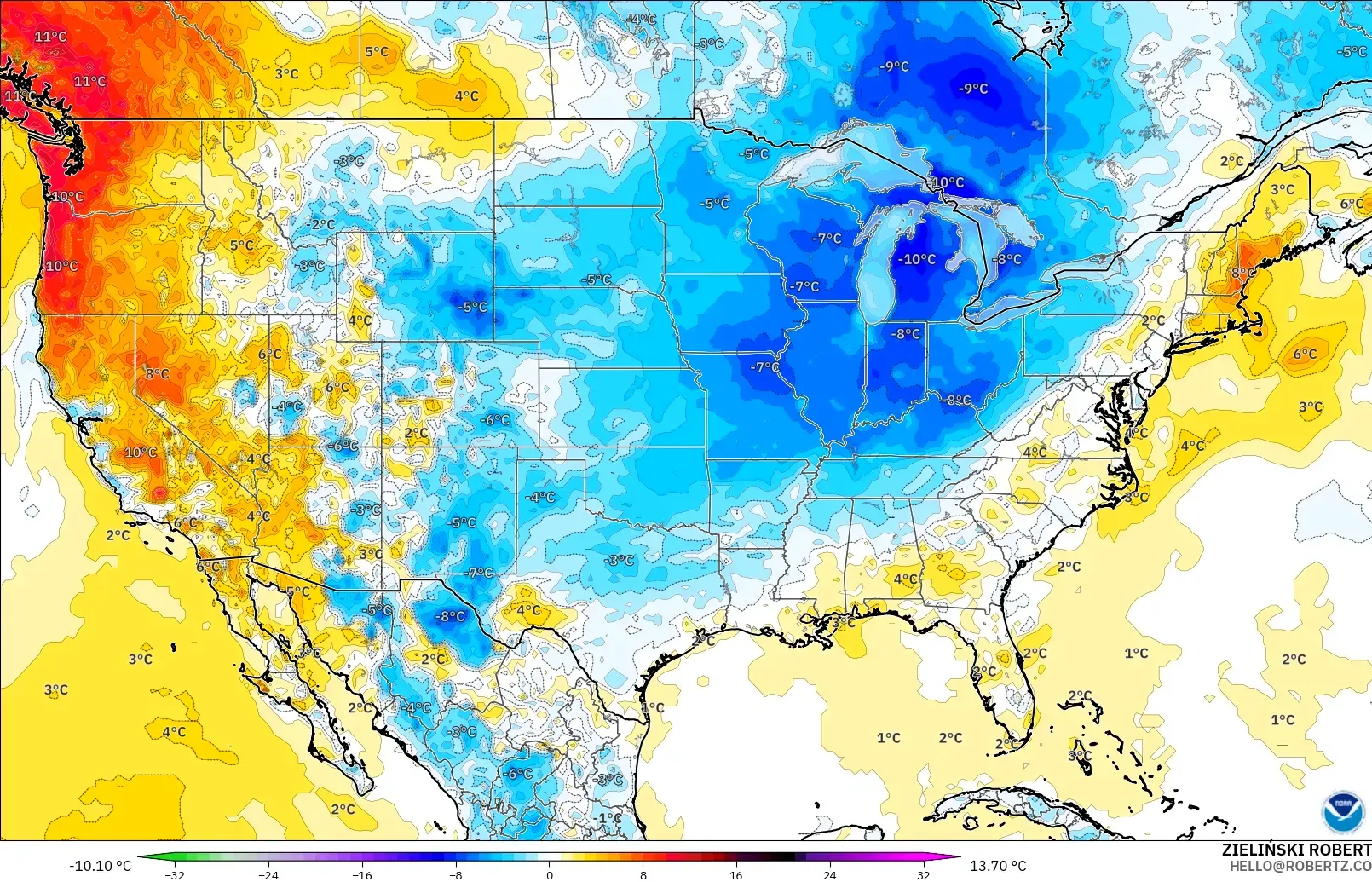 GFS model - Amerika Birleşik Devletleri, 2 m Sıcaklık Anomalisi