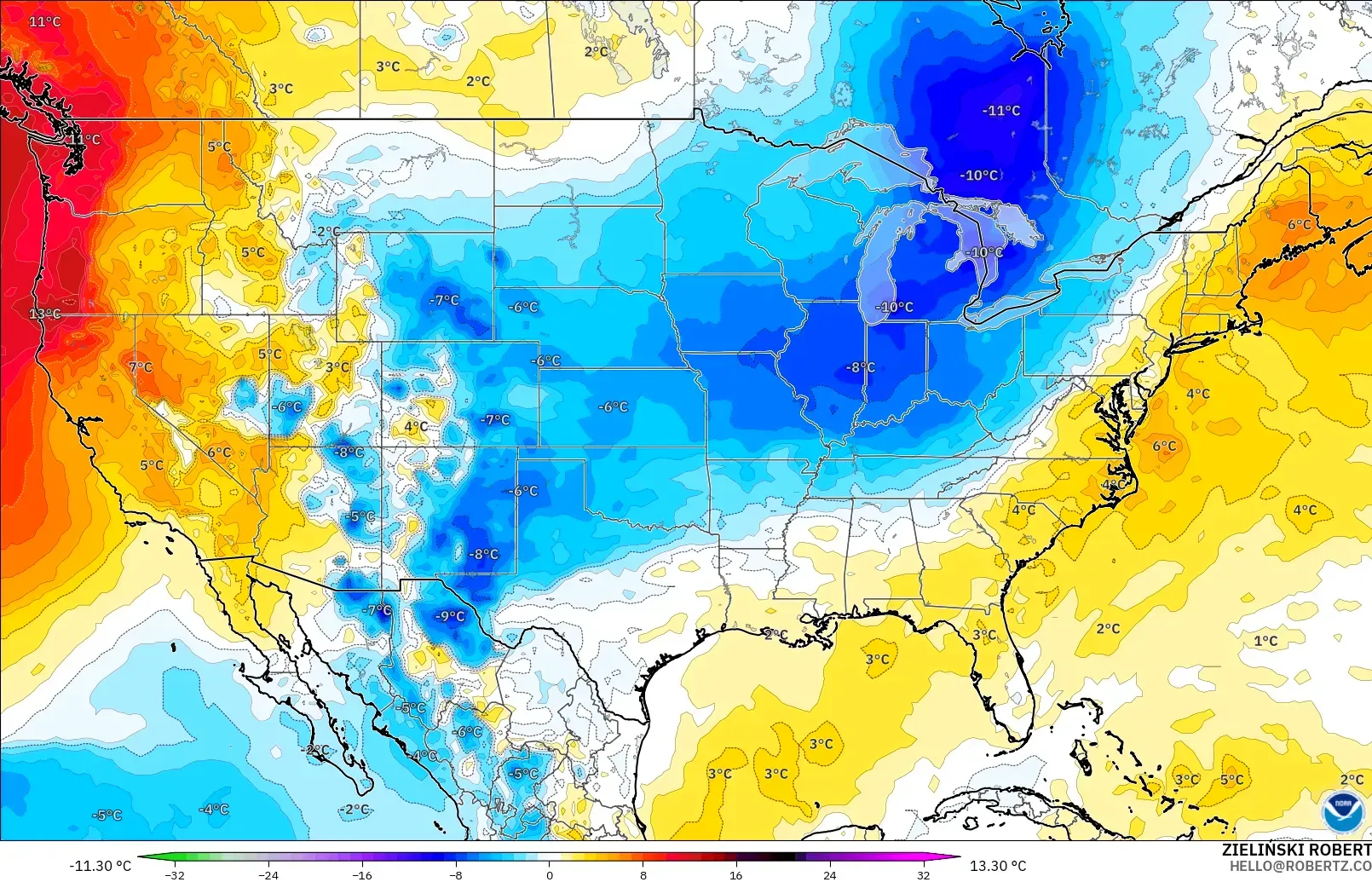 GFS model - Amerika Birleşik Devletleri, 850 hPa Sıcaklık Anomalisi