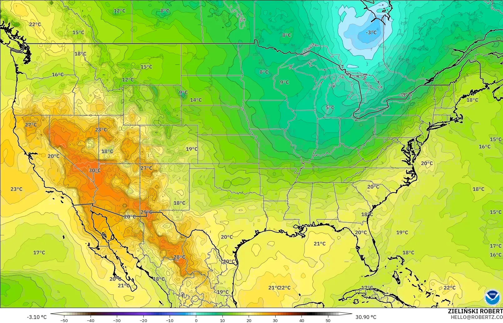 GFS model - Amerika Birleşik Devletleri, 850 hPa Sıcaklık