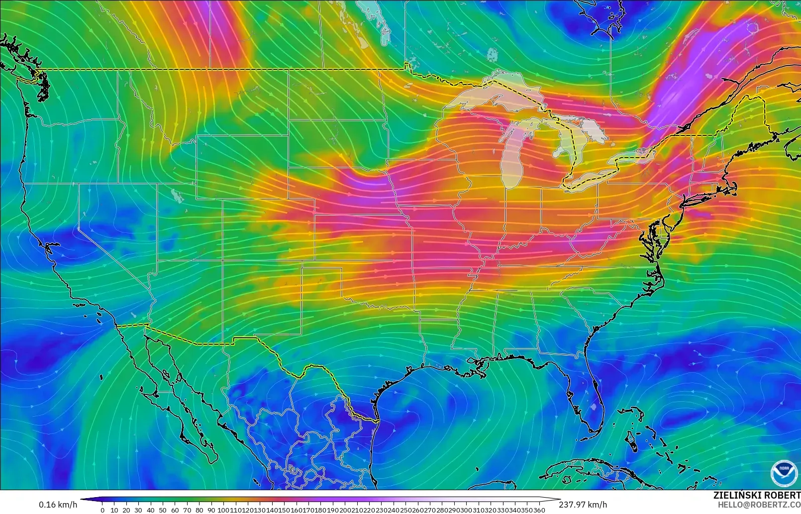GFS model - Amerika Birleşik Devletleri, 300 hPa Rüzgârı (jet)