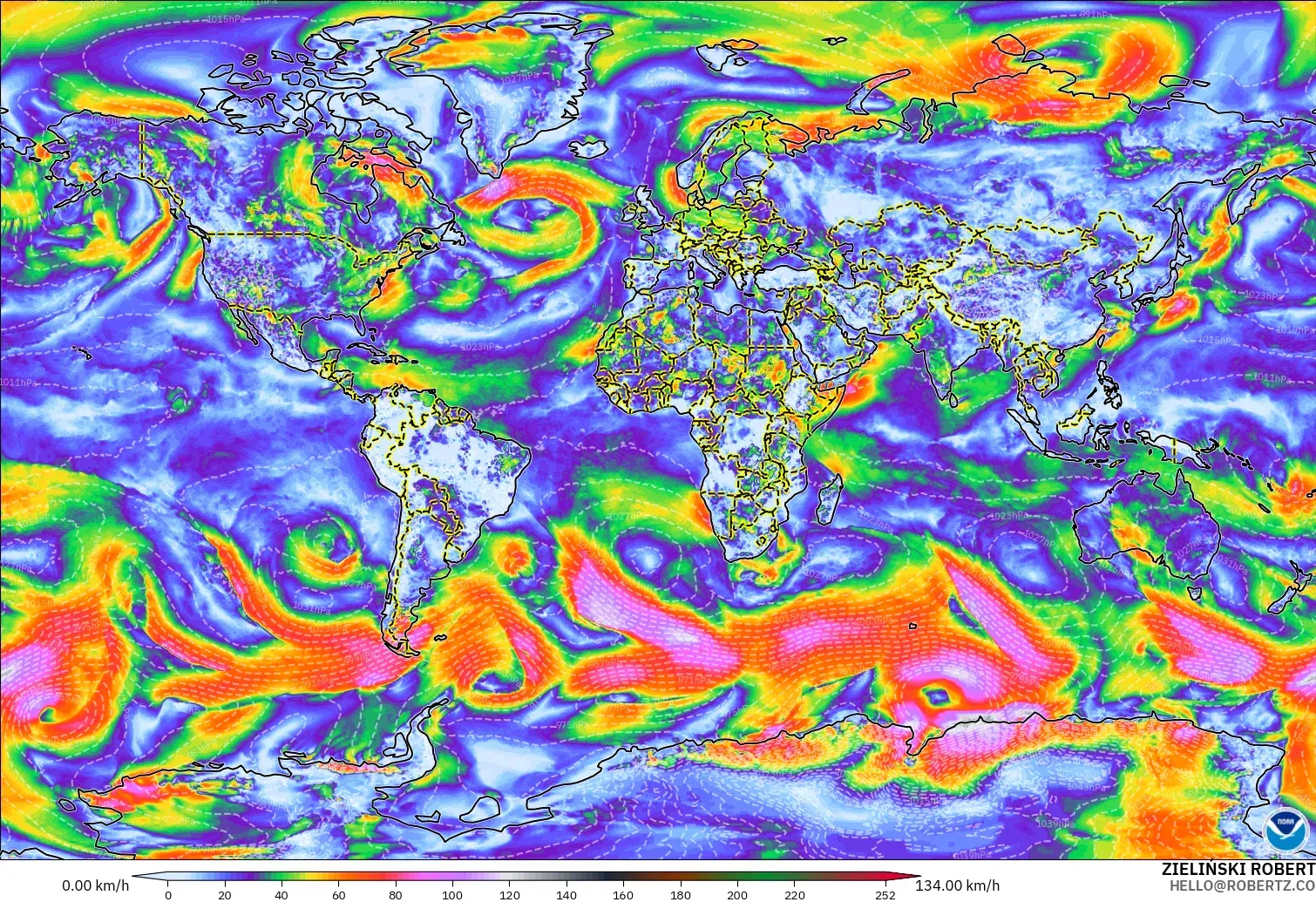 GFS model - Dünya, En Yüksek Rüzgâr