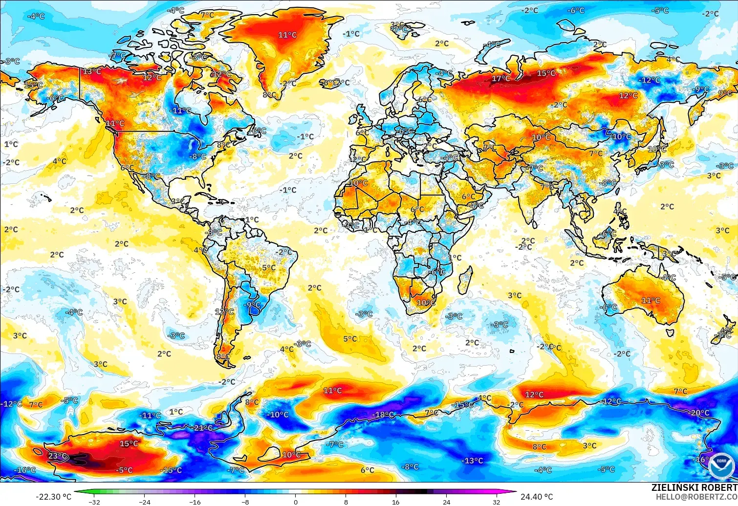 GFS model - Dünya, 2 m Sıcaklık Anomalisi