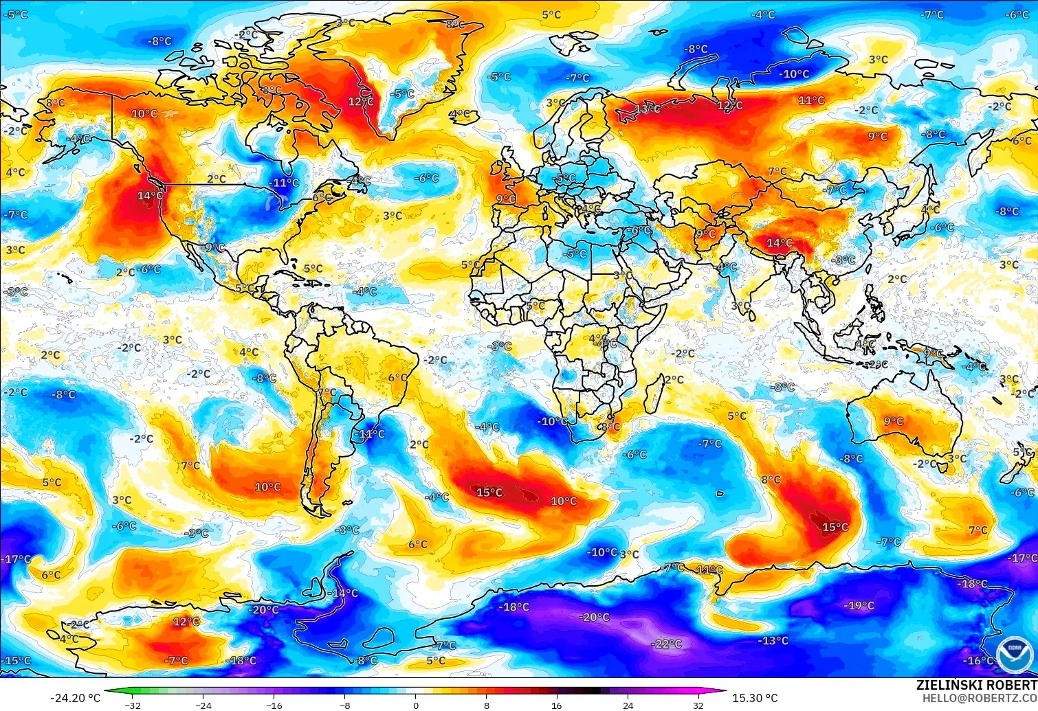 GFS model - Dünya, 850 hPa Sıcaklık Anomalisi