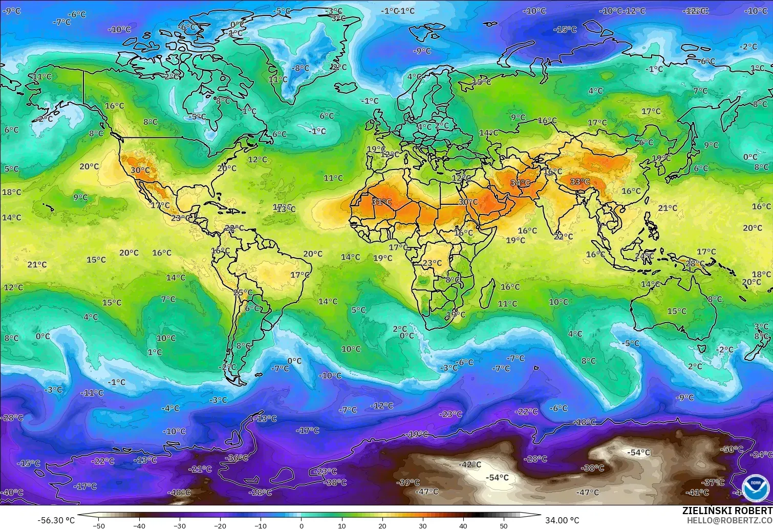 GFS model - Dünya, 850 hPa Sıcaklık